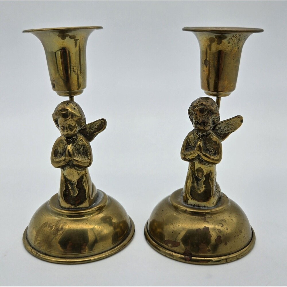 Vintage Brass Angel Candlestick Holders Praying Winged‎ Figures Religious Decor